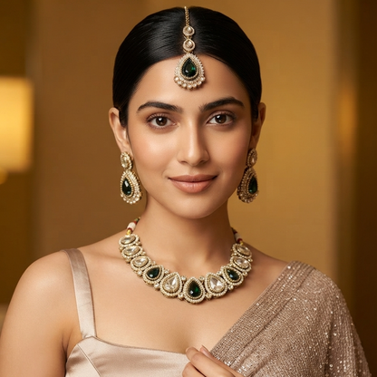 Mannat Zircone Polki Lookalike Premium Necklace Set - Green