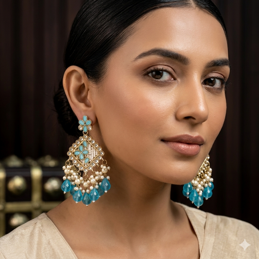 Jayati Kundan Pearl  Earrings - Sky Blue