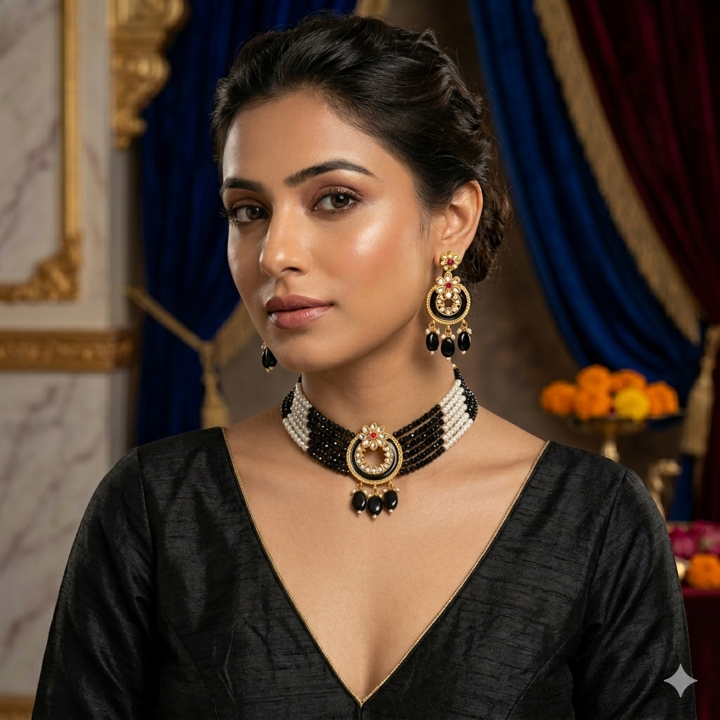 Sitara String Pearl Choker Necklace Set - Black