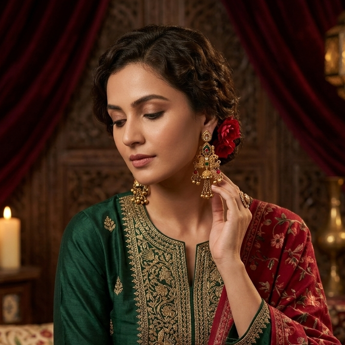 Mihir Fusion Rajwadi Kashmiri Brass Ghungroo Chandbali Earrings - Pink & Green