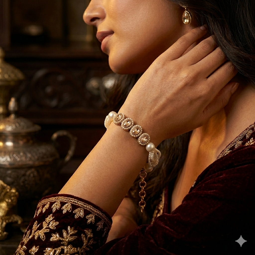 Rene adjustable antique gold polki bracelet featuring four alternating oval and teardrop links with clear cz halos and a multi strand pearl band
