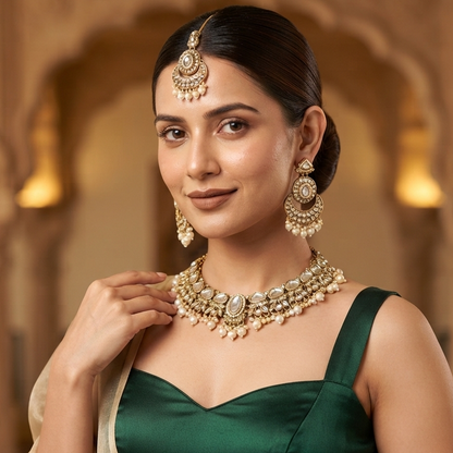 Rajnandini Pearl Kundan Necklace Set - Golden