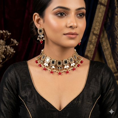 Nitika Miirror Necklace Set with Earrings - Red