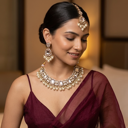 Rajvi premium antique gold kundan choker necklace set featuring large square and teardrop clear stones micro seed pearls and cascading large white pearl fringes with matching earrings and maang tikka