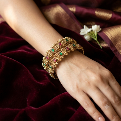 Swarnika Lakshmi Temple Gold Bangles - Pink & Green (Set of 2)