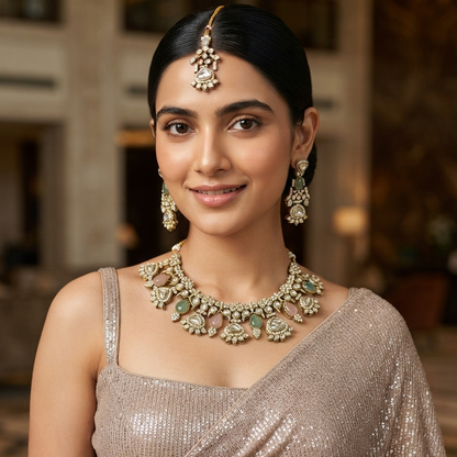 Jehana Premium Polki Lookalike Necklace Set - Pastel Pink & Green