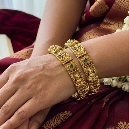 Advika Lakshmi Temple Gold Bangles - Pink & Green (Set of 2)