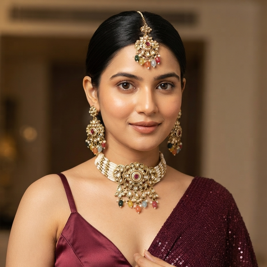 Sajal premium antique gold kundan broad choker necklace set featuring a central flower rosette medallion multi strand woven white pearl bands and a dense cascading fringe of clear stones and pearls with matching chandelier earrings and maang tikka