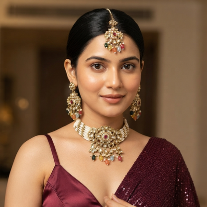 Sajal premium antique gold kundan broad choker necklace set featuring a central flower rosette medallion multi strand woven white pearl bands and a dense cascading fringe of clear stones and pearls with matching chandelier earrings and maang tikka