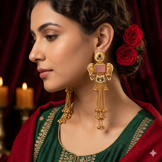 Jagreeti Kashmiri Brass Dejhoor Ghungroo Earrings - Pastel Pink