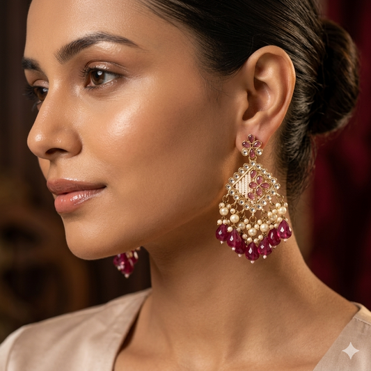 Jayati Kundan Pearl  Earrings - Wine