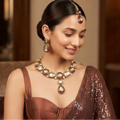Ashnoor Kundan Necklace Set - Maroon