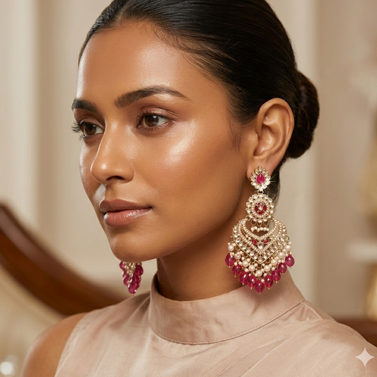 Shaba Jadau Kundan Chandbali Earrings - Hot Pink