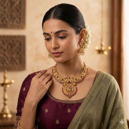 Shreyanshi  Lakshmi Temple Motif Hasli Necklace Set - Golden