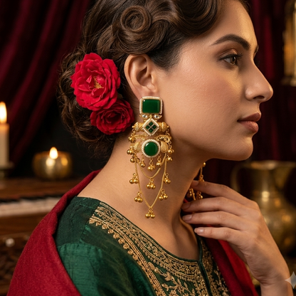 Patralekha Kashmiri Brass Dejhoor Ghungroo Jhumka Earrings - Green