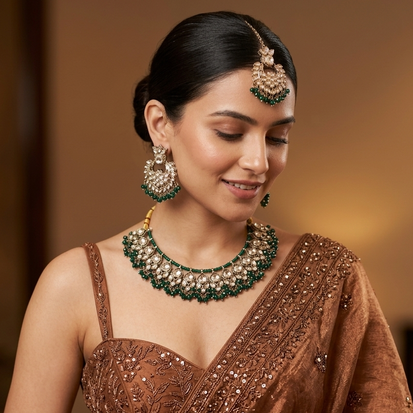 Harleen premium antique gold kundan broad choker necklace set featuring multi layered clear dabi stones and a dense cascading fringe of forest green beads with matching chandelier earrings