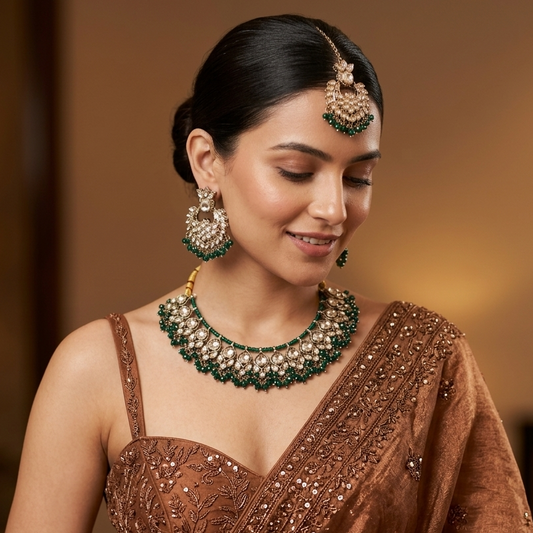Harleen premium antique gold kundan broad choker necklace set featuring multi layered clear dabi stones and a dense cascading fringe of forest green beads with matching chandelier earrings