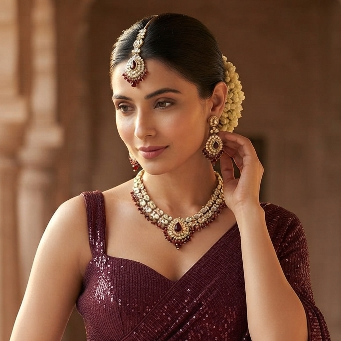 Bela Royal Kundan Necklace Set - Wine
