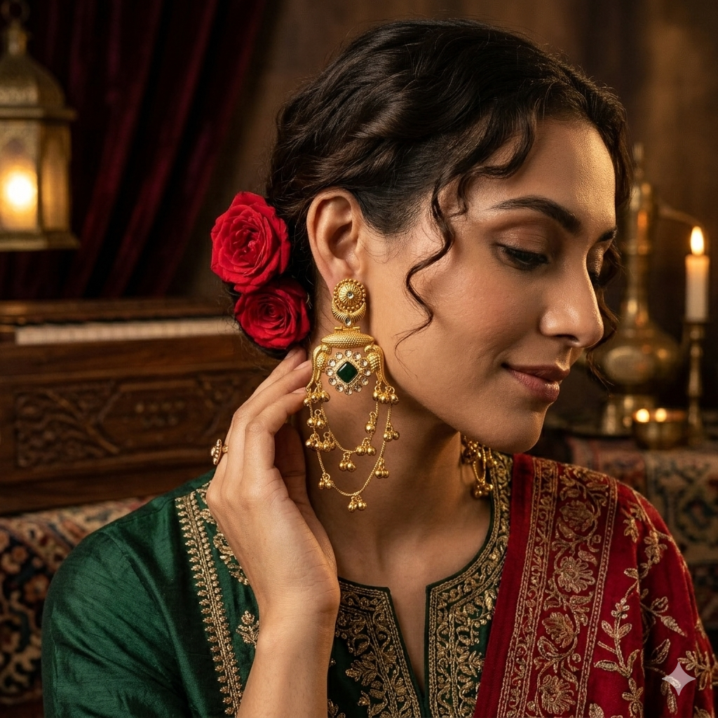 Rajitha Kashmiri Brass Ghungroo Chandbali Earrings - Green