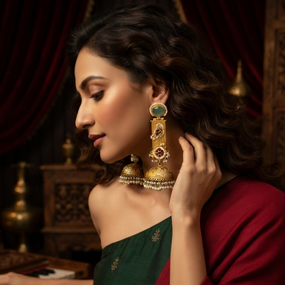 Samaira Kashmiri Brass Jhumka Earrings - Pastel Green