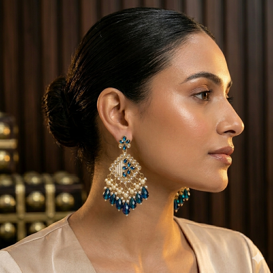 Jayati Kundan Pearl  Earrings - Peacock Blue