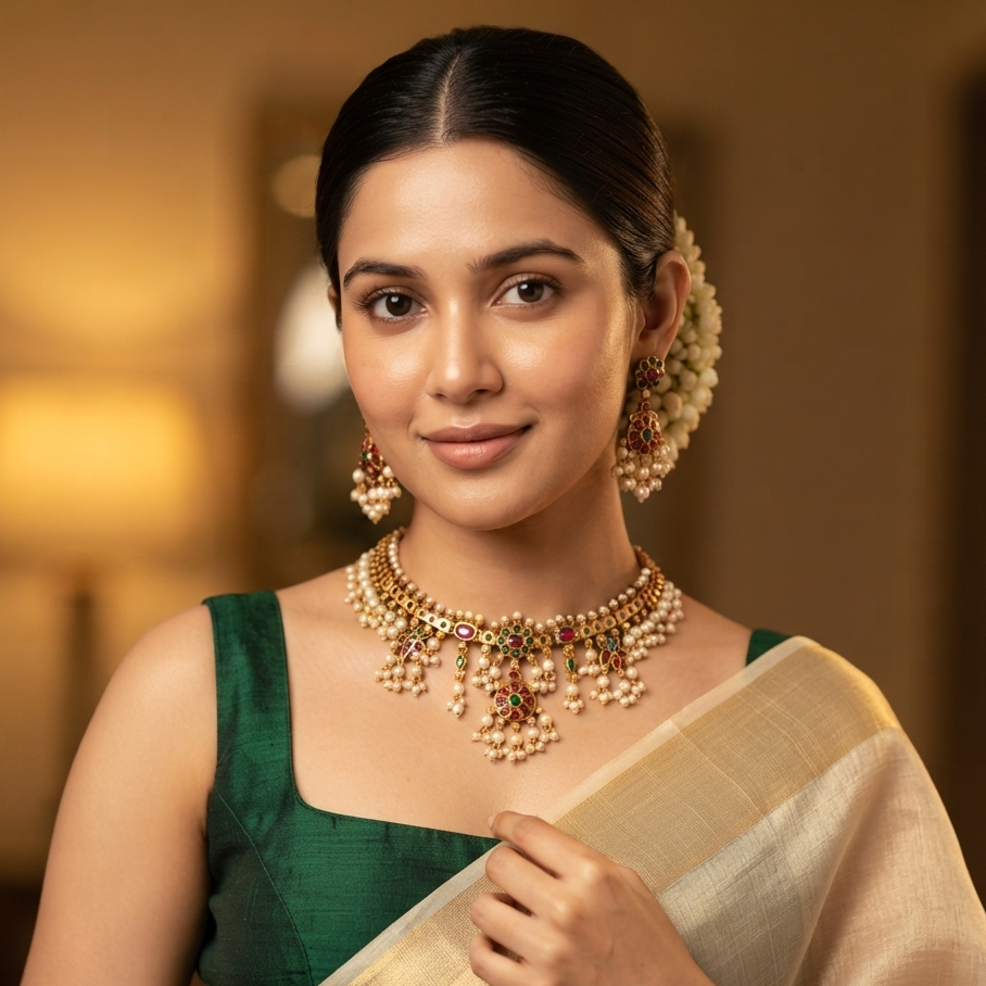 Qavithri Guttapushalu Temple Necklace Set - Pink & Green