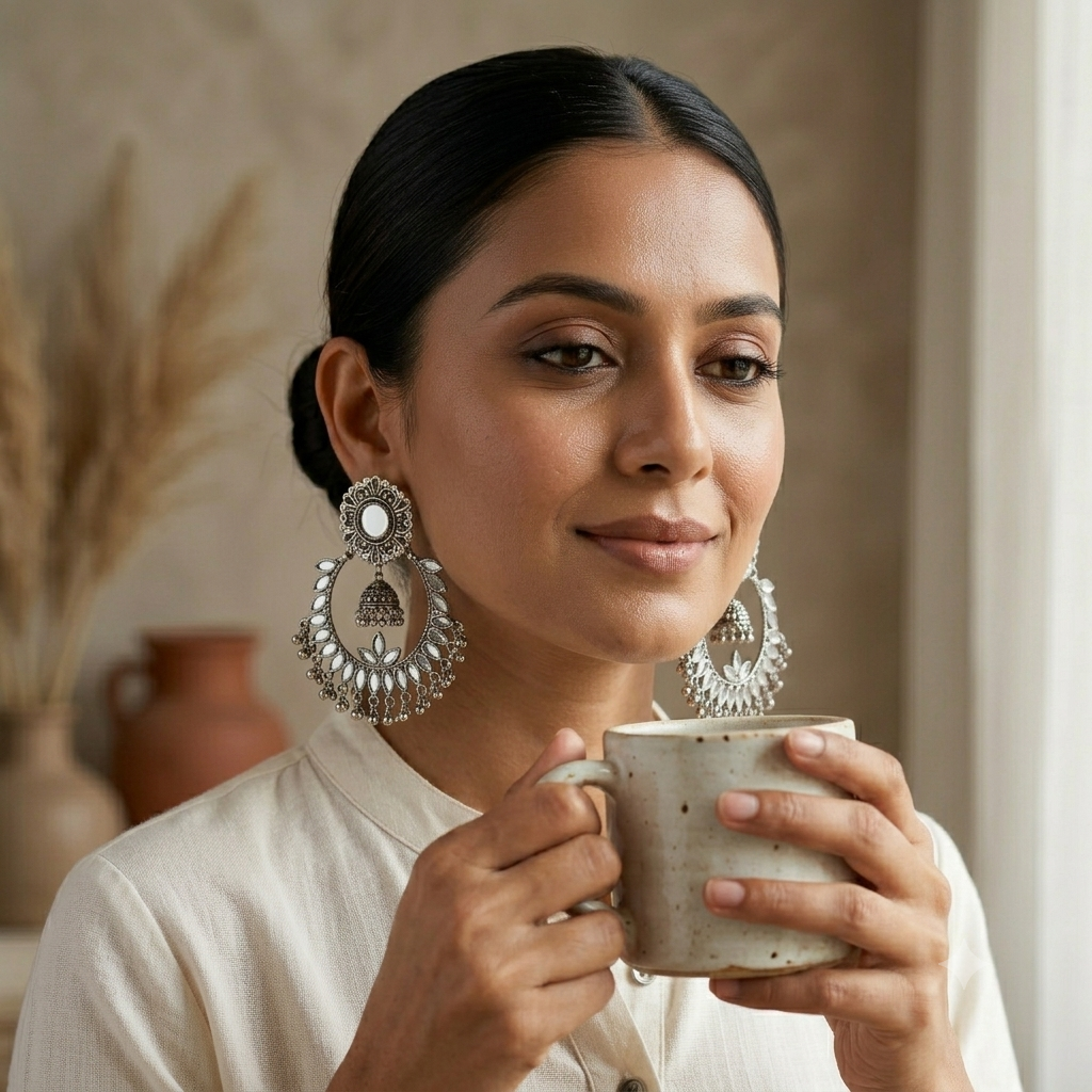 Chandni Mirror Silver Oxidised Chandbali Earrings