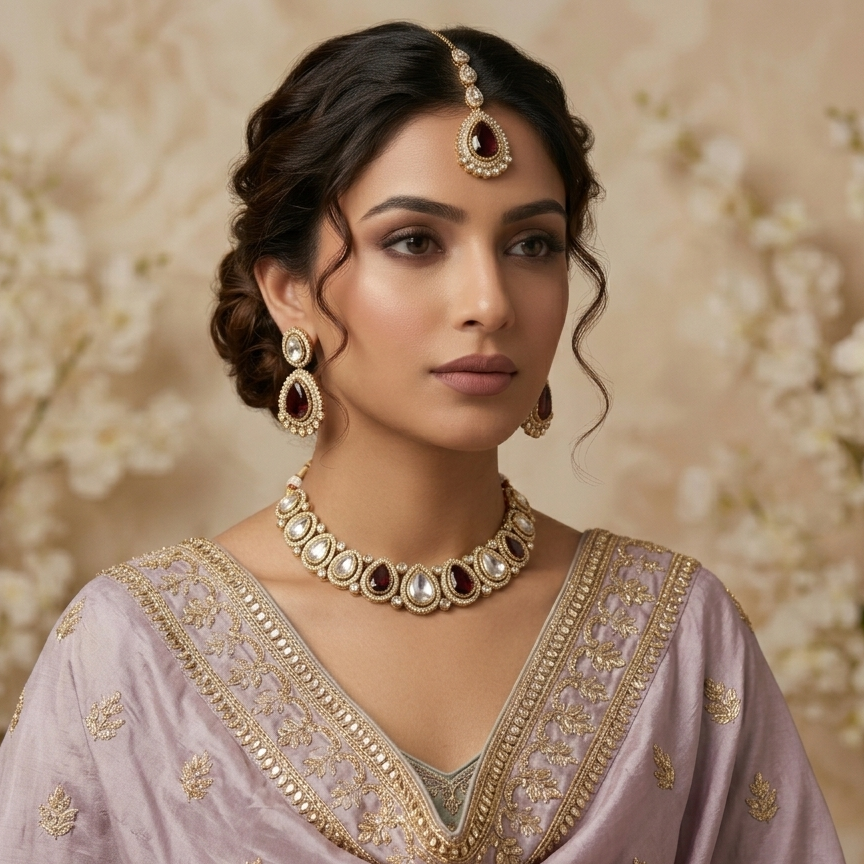 Mannat Zircone Polki Lookalike Premium Necklace Set - Maroon