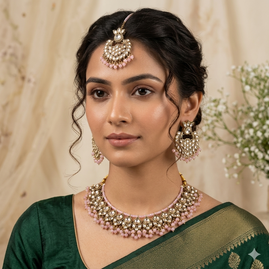 Harleen Premium Pearl Necklace Set - Baby Pink