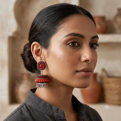 Pearl Beads Oxidised Jhumka Earring