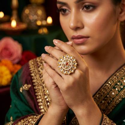 Inayat Premium Kundan Ring - Pink & White