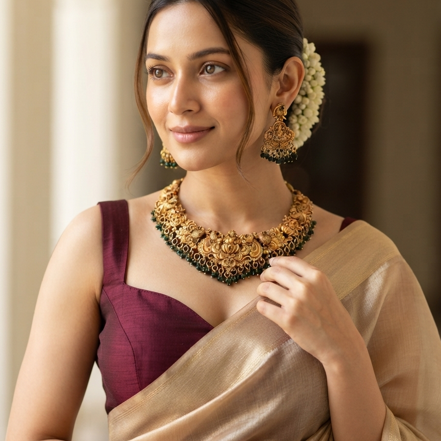 Shreedha Lakshmi Temple Motif Necklace Set - Green