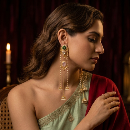 Lishita Statement Kashmiri Brass Earrings - Green Pastel Pink