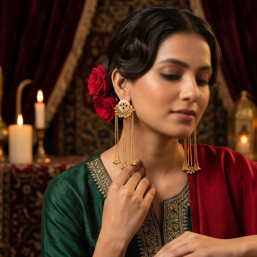 Nida Kashmiri Brass Ghungroo Earrings - Pink & Green