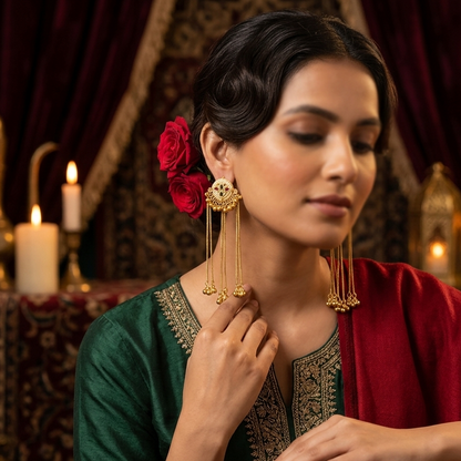 Nida Kashmiri Brass Ghungroo Earrings - Pink & Green