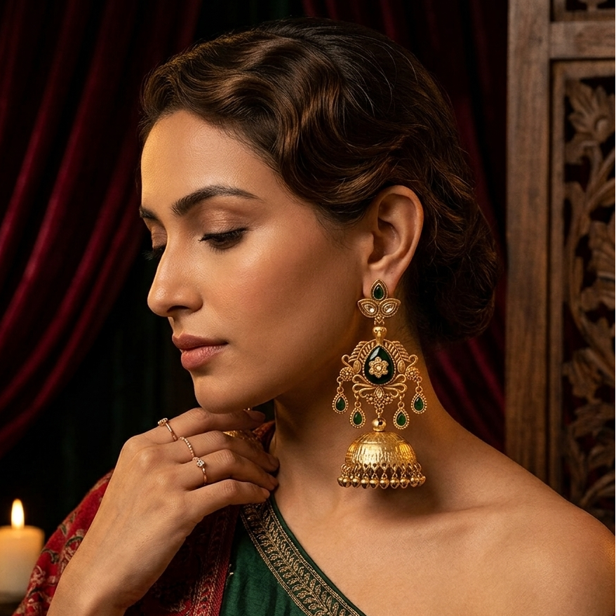 Kaira Premium Kashmiri Matte Polish Ghungroo Jhumka Earrings - Green