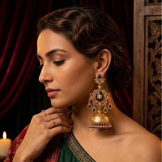 Kaira Premium Kashmiri Matte Polish Ghungroo Jhumka Earrings - Green