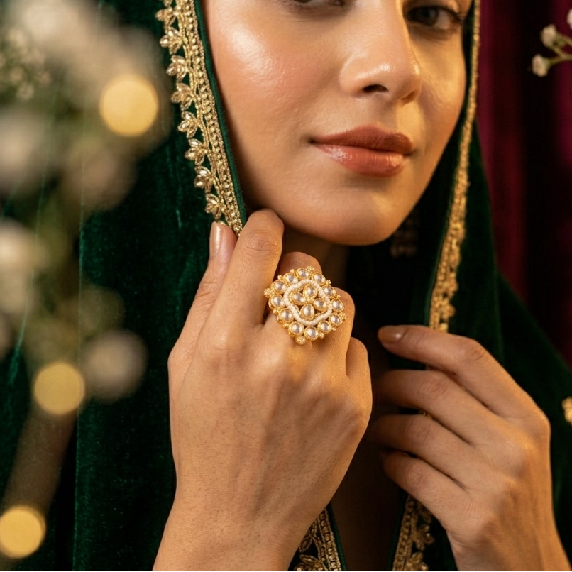 Kanishka Premium Kundan Ring - Golden