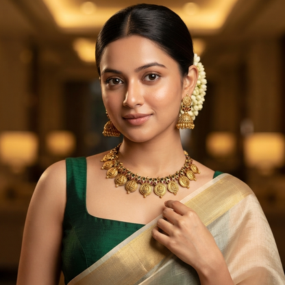 Lavika Kasumala Coin Temple Necklace Set - Pink & Green