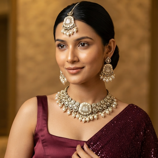 Tanishka Polki Premium Necklace Set - Golden