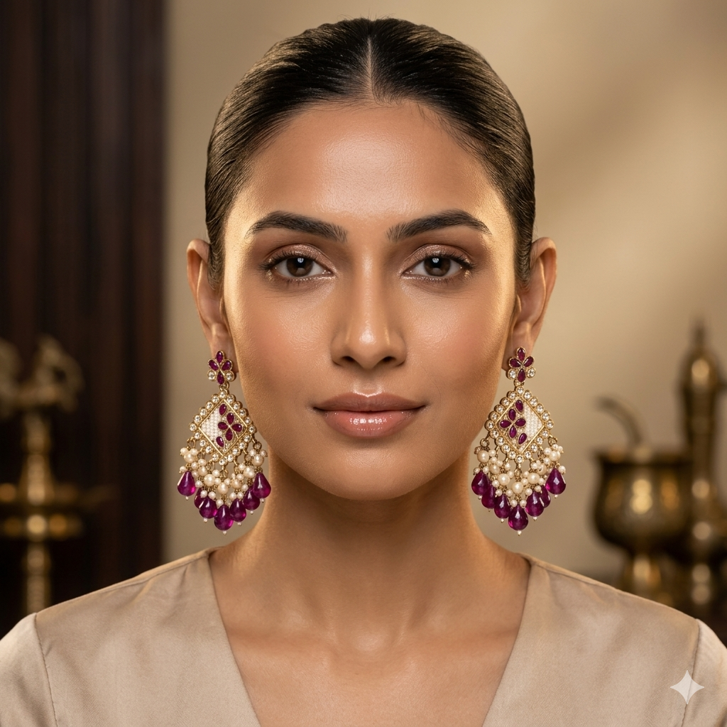 Jayati Kundan Pearl  Earrings - Purple