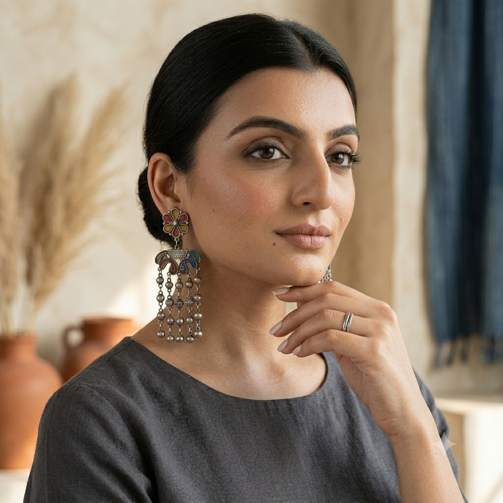Julia premium oxidized silver jhumka earrings featuring a beaded crescent hoop top hanging floral dome and cascading mini ghunghroo bells