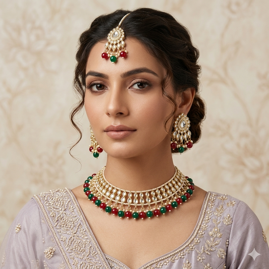 Gazal Red Green Pearl Necklace Set with Earrings & Tika