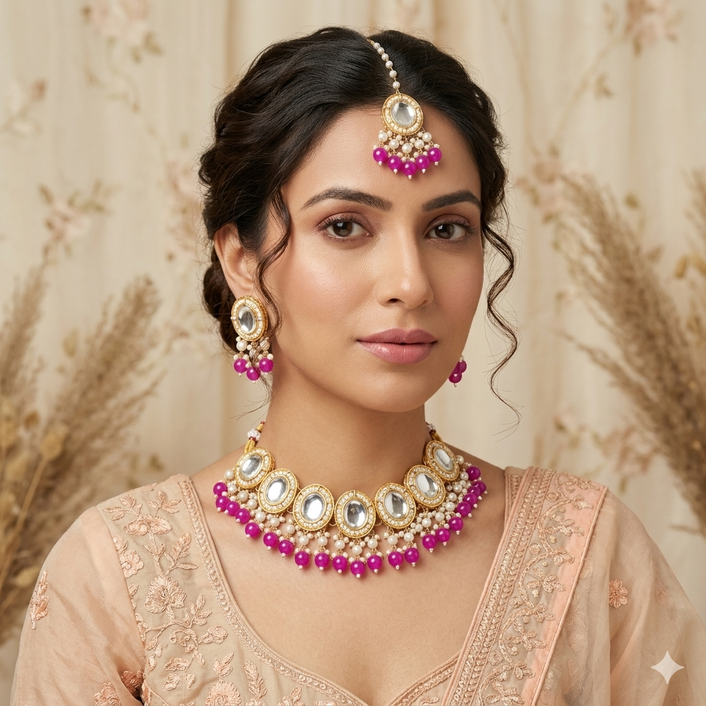 Saugaat Kundan Pearl Necklace Set with Earrings & Tika - Pink