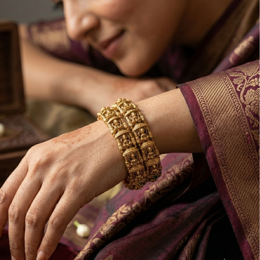 Tarakshi Divine Lakshmi Temple Gold Bangles - Golden (Set of 2)