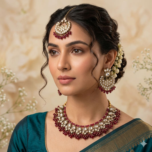 Harleen Premium Pearl Necklace Set - Magenta Pink