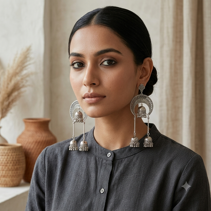 Triple Silver Jhumka Oxidised Earring