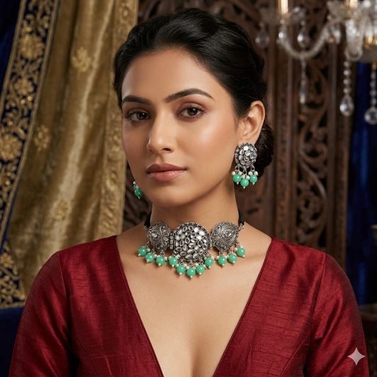 Alisha Silver Oxidised Necklace Set - Green