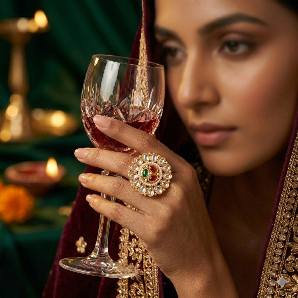Asmita Premium Kundan Ring - Pink & Green
