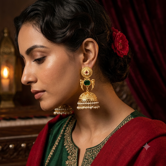 Hansina Kashmiri Brass Jhumka  Earrings - Green